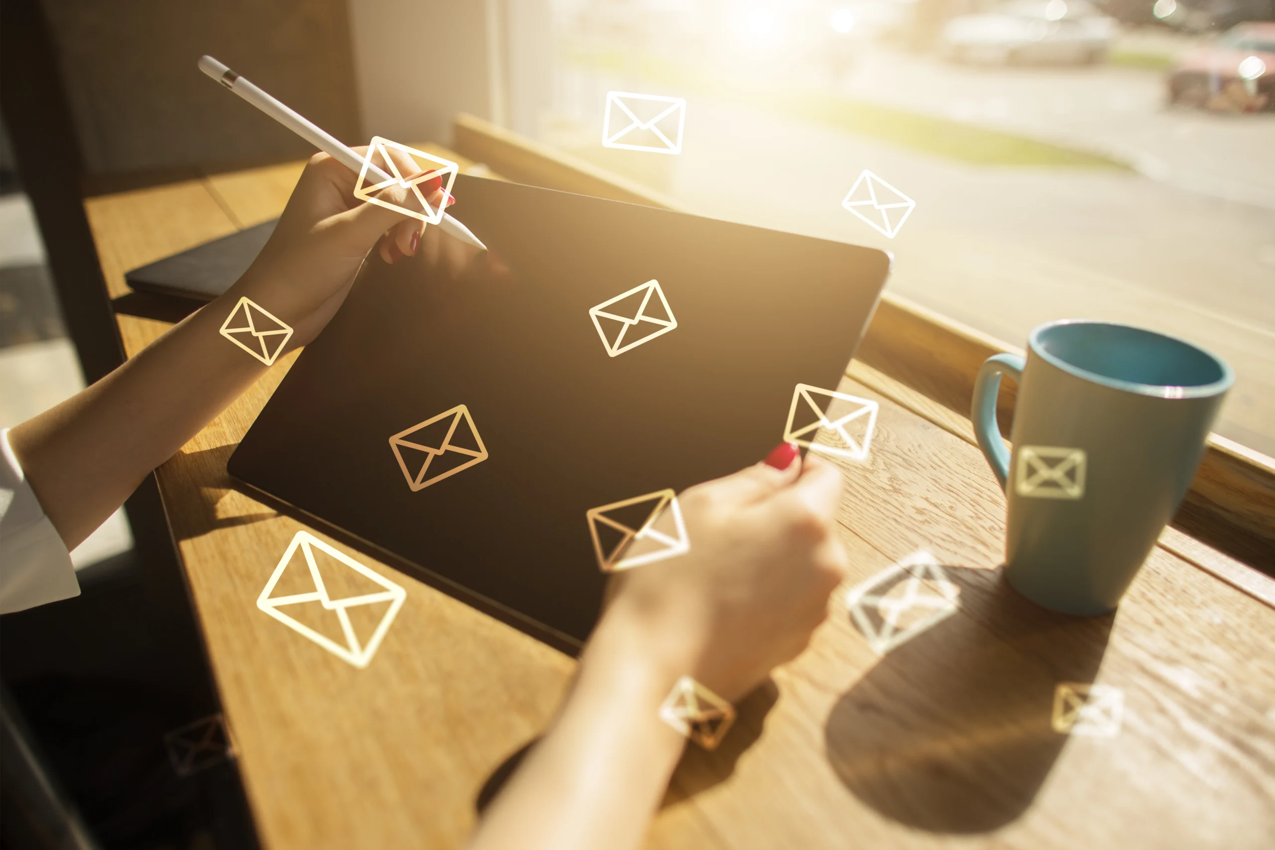 Messages icons on virtual screen. Communication concept.